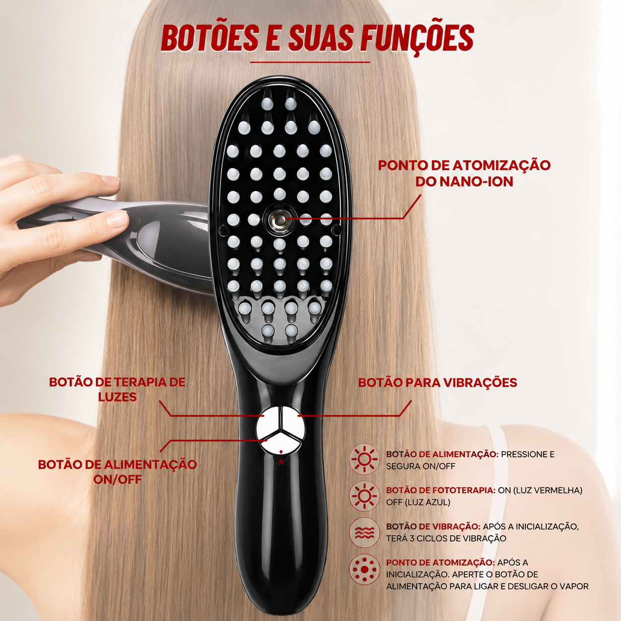 Escova de Ledterapia e Fototerapia Capilar 4 em 1